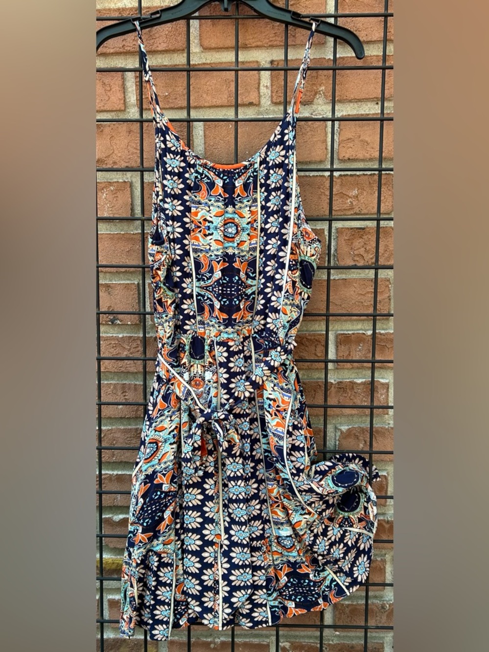 Navy Floral Paisley Sleeveless Dress with Orange & Mint Accents